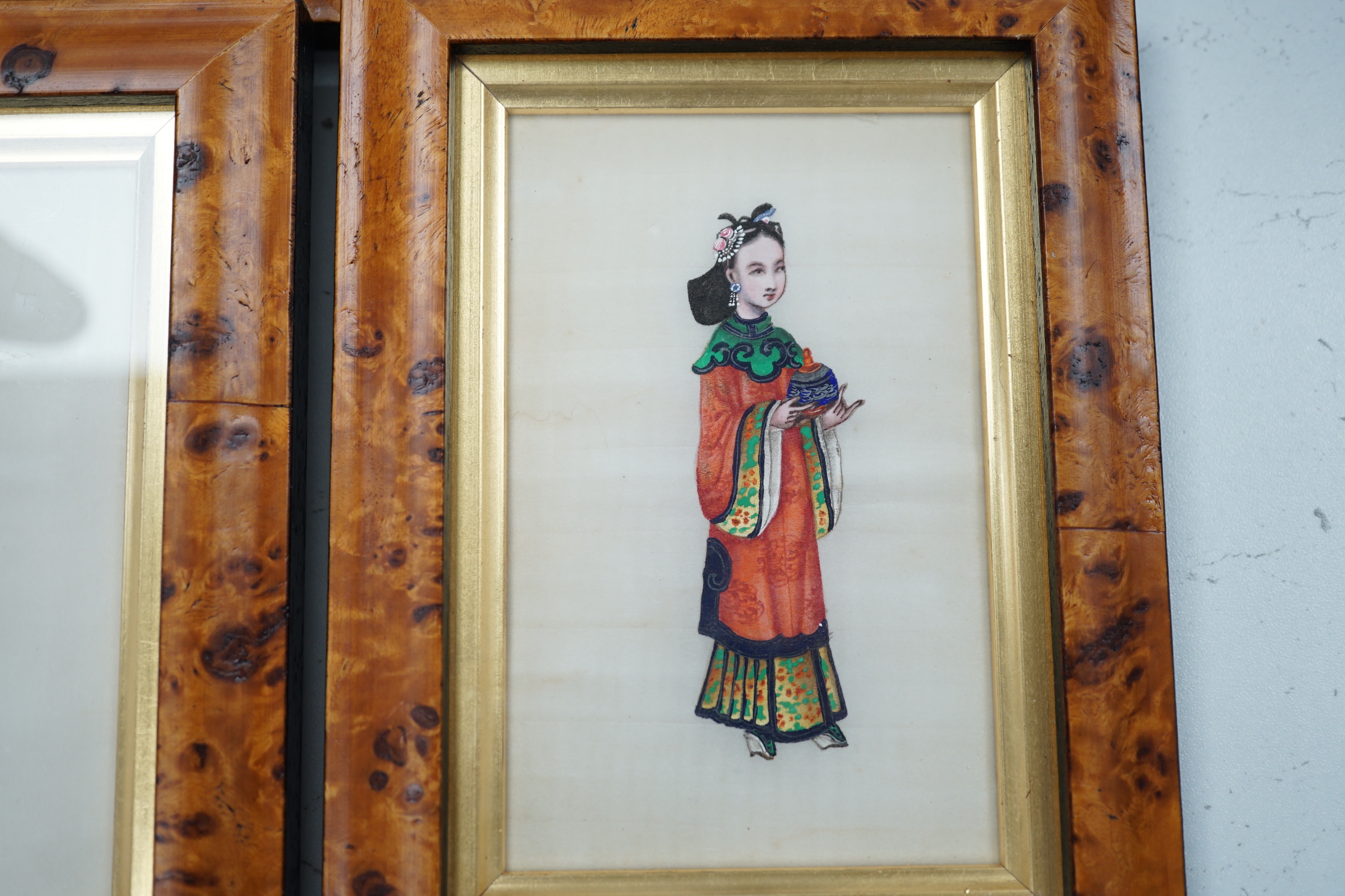 A set of six framed Chinese pith paper figure paintings, 9cm wide, 13cm high